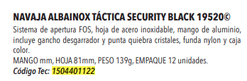 Navaja Tactica Security 8,1CM #19520 - Color: Black