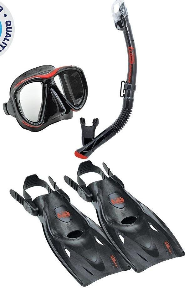 Mask, Dry Snorkel & Fin Set  - Color: Negro-Rojo